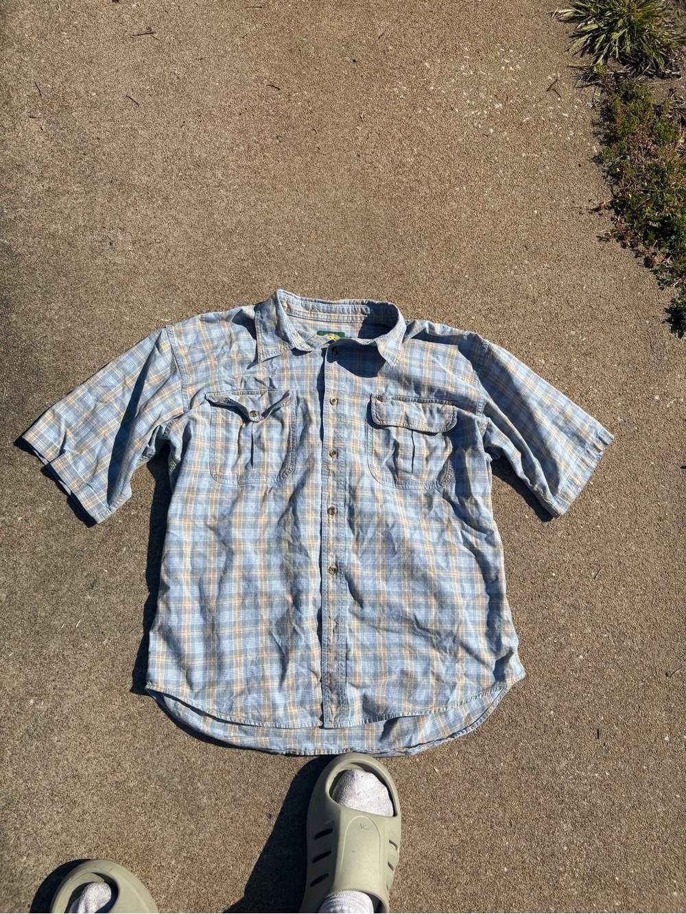 Cabela’s blue and yellow skater style short sleeve button up shirt